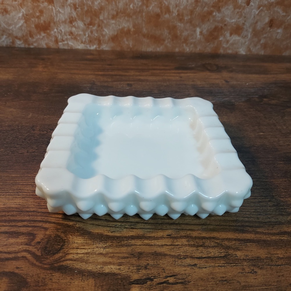 Vintage White Milk Glass Hobnail Square Ashtray 5 Inch Scalloped Edge Catchall